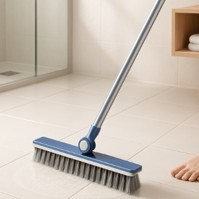 femme nettoie sol salle de bain balai-brosse pour carrelage bleu