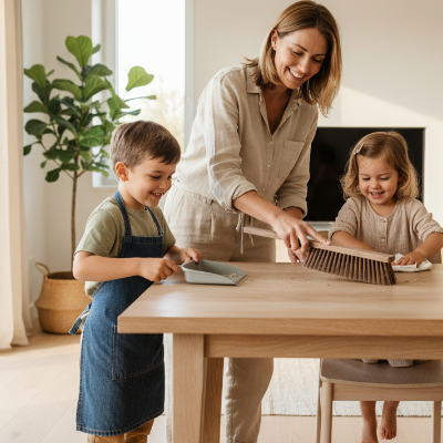 Balayette bois retro Charme Vintage nettoie en famille