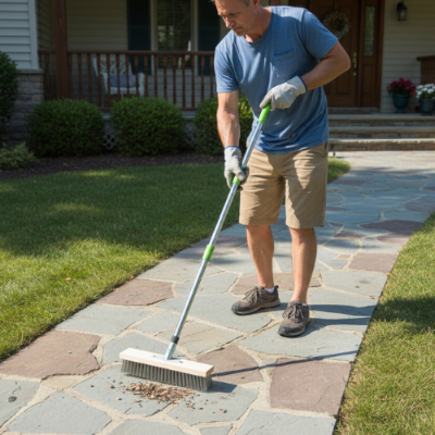 balai brosse exterieur InoxClean nettoyage l'allée en pierre