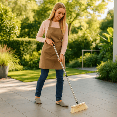 femme retrouve l'éclat d'origine terrasse avec balai pour terrasse carrelage