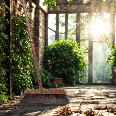 balayer sol jardin avec balai en bois