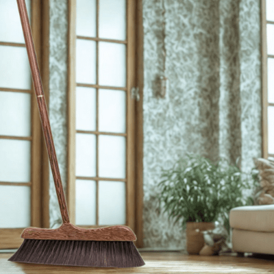 balayer sol salon avec balai en bois