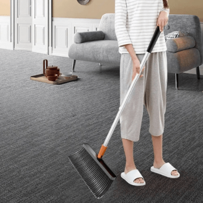 femme balaye moquette salon avec balayette pelle long manche