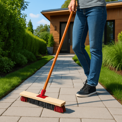 femme balaye l'allée de sa maison avec balai de cantonnier
