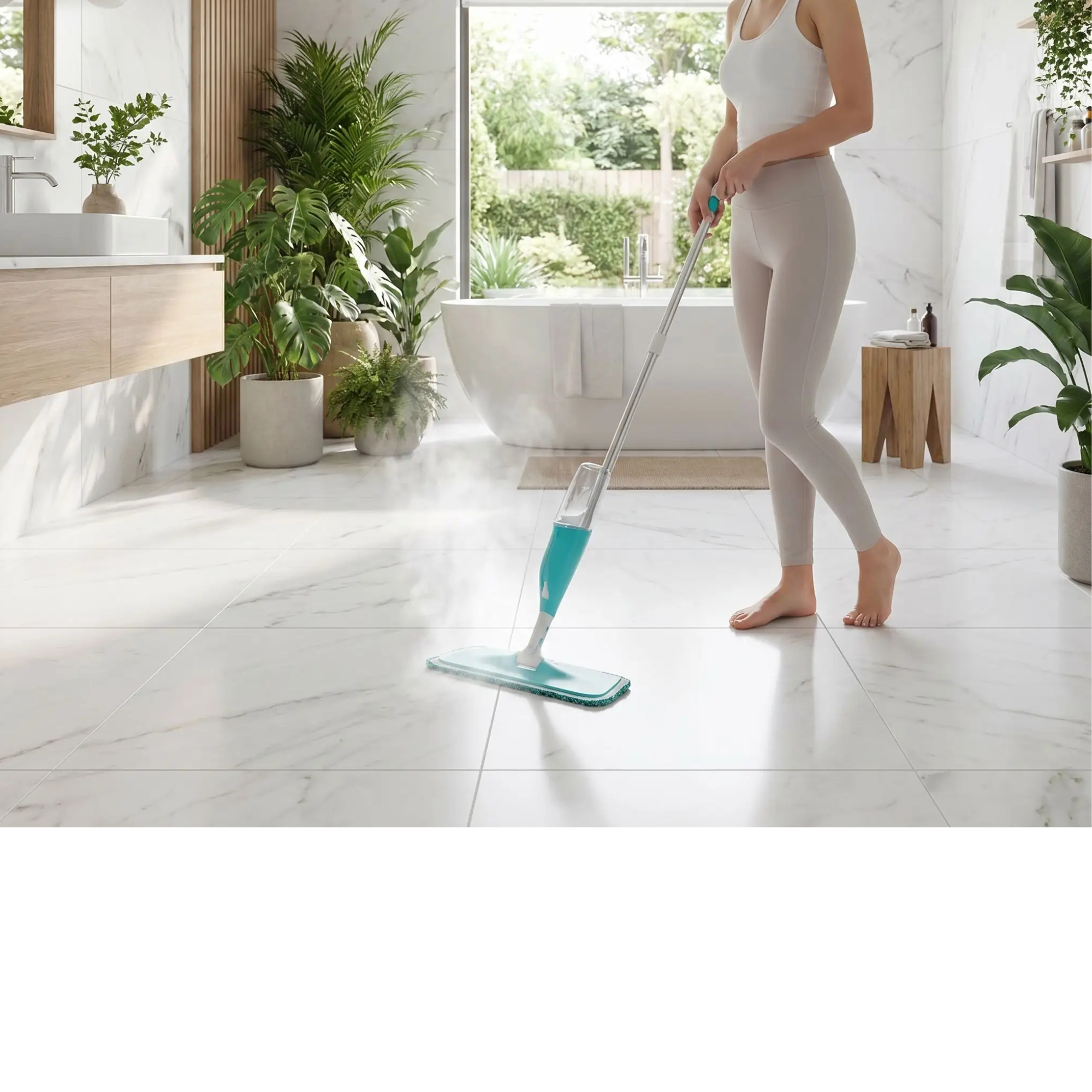Femme nettoyant sol en carrelage avec balai dans une salle de bain moderne sans effort