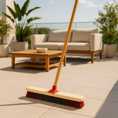 nettoyer terrasse avec balai de cantonnier