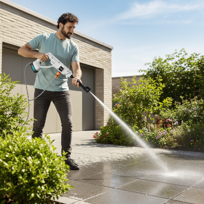 nettoyeur haute pression sans fil 100 bars PowerFreedom nettoyer l'allée avec jardin