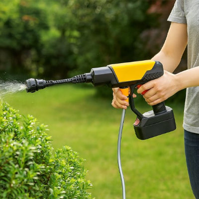 homme-arrose-jardin-avec-nettoyeur haute pression sur batterie powerdrax