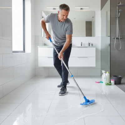 père nettoie sol rapidement avec balai carrelage