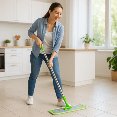 femme lave sol carreaux avec serpillière plate