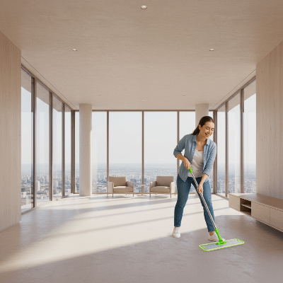 femme nettoie séjour avec serpillière plate